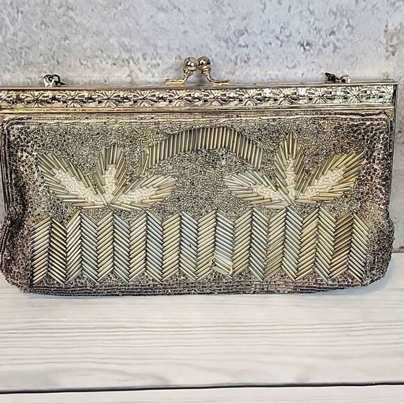 Vintage 60s Elegant Gold and Silver Hand Beaded Clutch Evening Bag - Picture 2 of 11